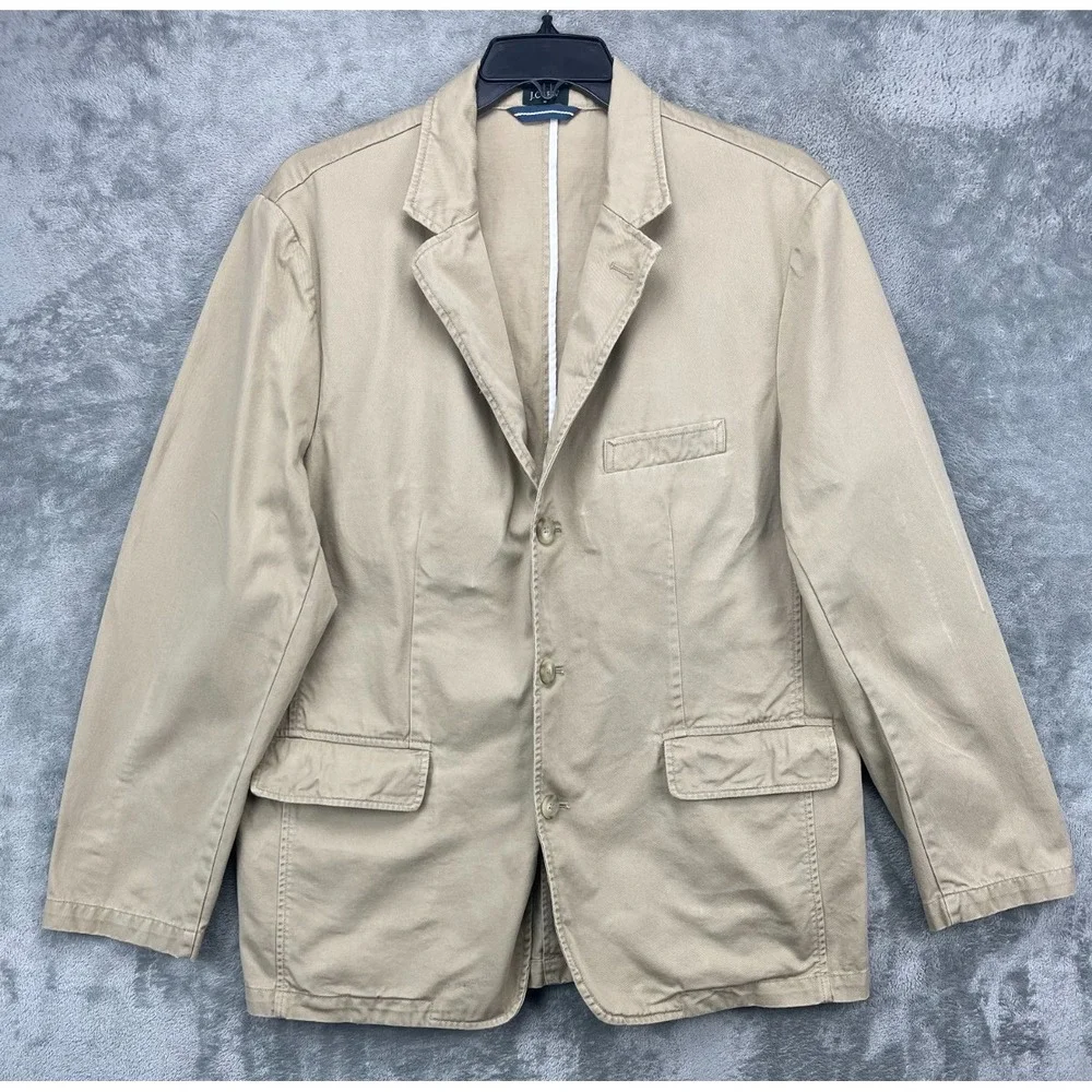 J Crew Mens 3-Button Blazer Jacket‎ XL Beige 100% Cotton Front Casual